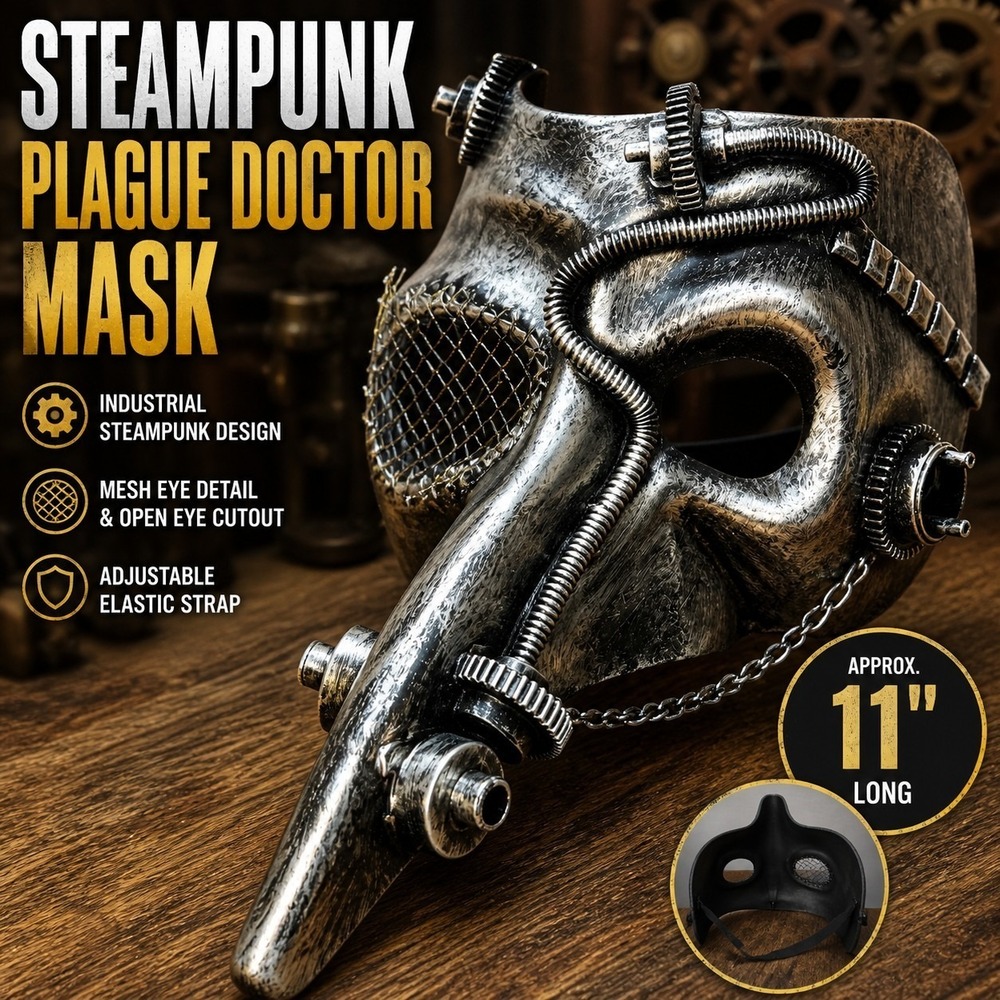 Steampunk Plague Doctor Mask Silver Industrial Gothic Cosplay Long Beak 11"
